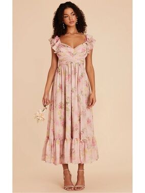 Birdie Grey Michelle Vintage Pink Floral Chiffon Midi Dress, M